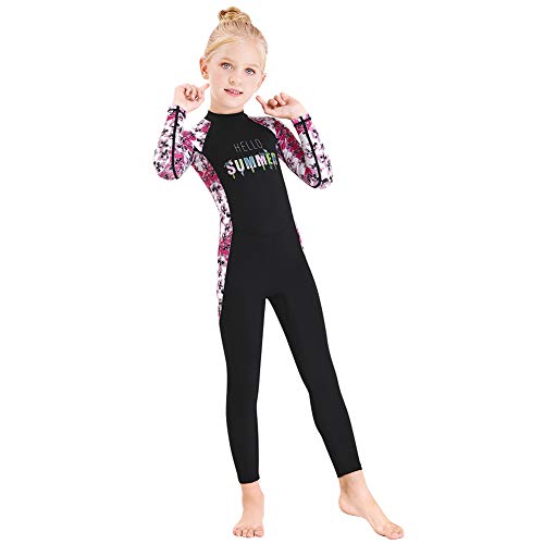 Skyone Full Body Kids Swimsuit One Piece Rash Guard Long Sleeve Wetsuit Skin for Girls Boys Children, Sunsuit Swimwear UPF 50+ UV Sun Protection Quick Dry for Beach Water Sports (Flower-Black, M) - Image 1