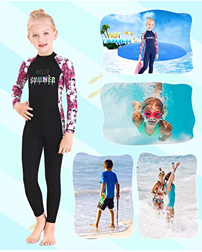 Skyone Full Body Kids Swimsuit One Piece Rash Guard Long Sleeve Wetsuit Skin for Girls Boys Children, Sunsuit Swimwear UPF 50+ UV Sun Protection Quick Dry for Beach Water Sports (Flower-Black, M) - Image 2