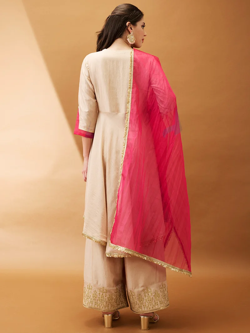 globus Women Peach Sequinned Embroidered V-Neck Asymmetric Hem A-Line Kurta With Palazzos & Contrast Dupatta Set.