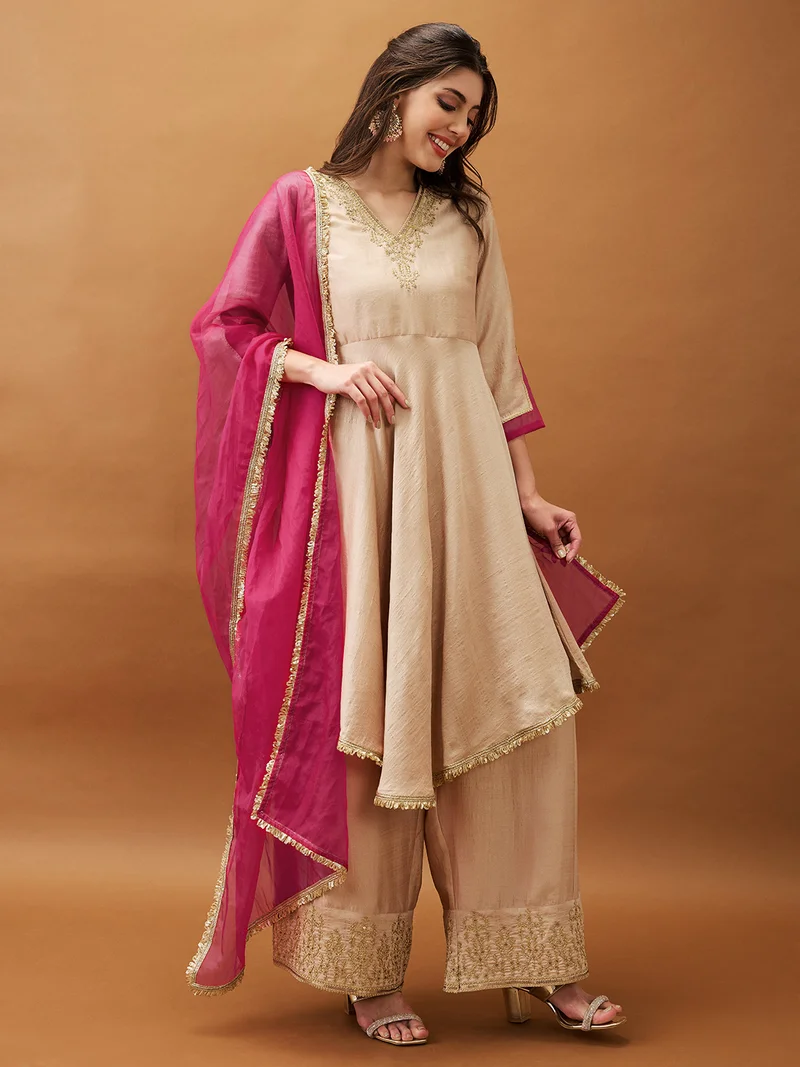 جلو باص Women Peach Sequinned Embroidered V-Neck Asymmetric Hem A-Line Kurta With Palazzos & Contrast Dupatta Set.