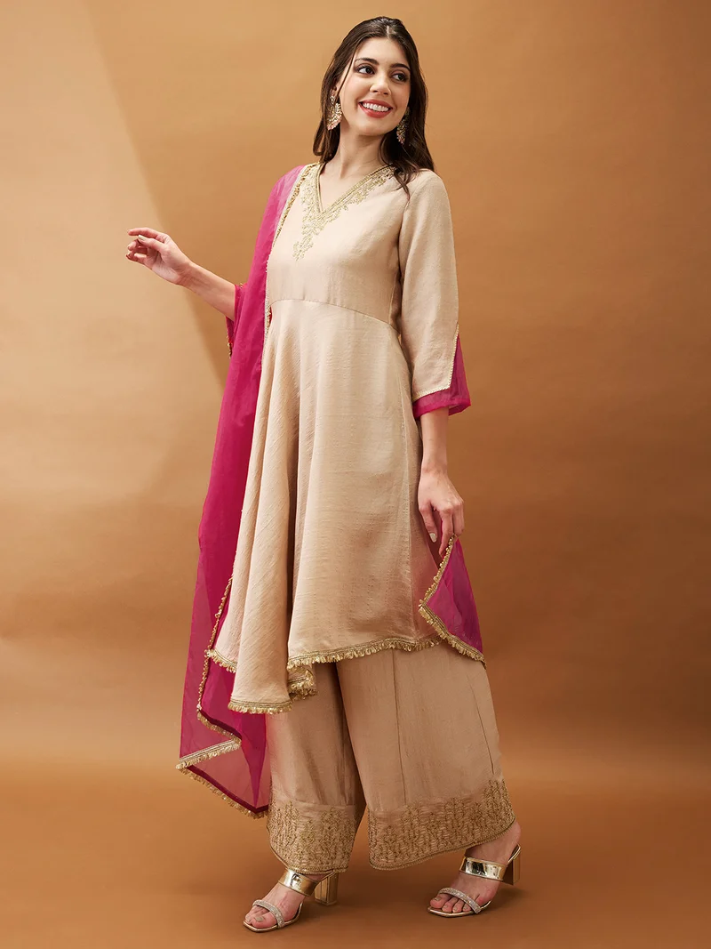 جلو باص Women Peach Sequinned Embroidered V-Neck Asymmetric Hem A-Line Kurta With Palazzos & Contrast Dupatta Set.