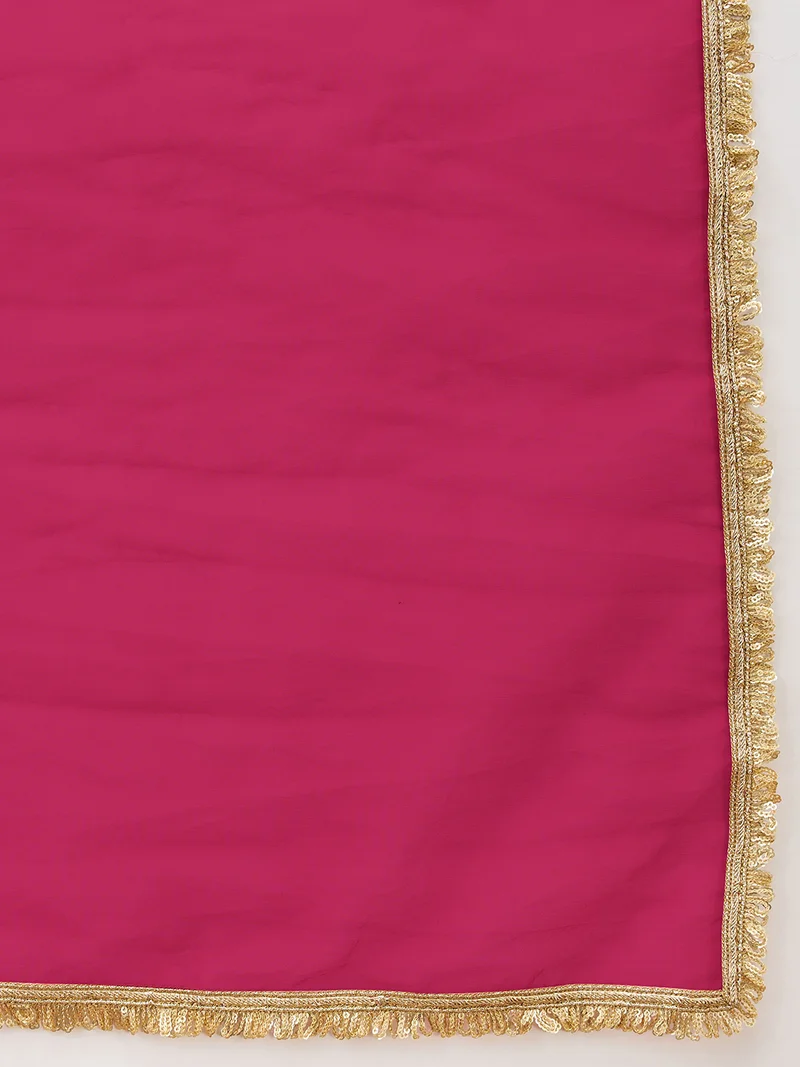 globus Women Peach Sequinned Embroidered V-Neck Asymmetric Hem A-Line Kurta With Palazzos & Contrast Dupatta Set.
