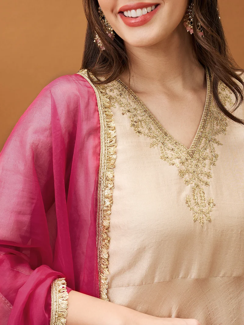 globus Women Peach Sequinned Embroidered V-Neck Asymmetric Hem A-Line Kurta With Palazzos & Contrast Dupatta Set.
