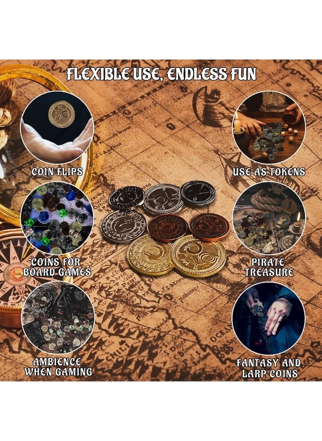 DND Metal Coins Set of 60 with Leather Pouch - Gaming Tokens, Pirate Treasure, Accessories & Props for Board Games, Dungeons and Dragons, Tabletop RPGs and LARP