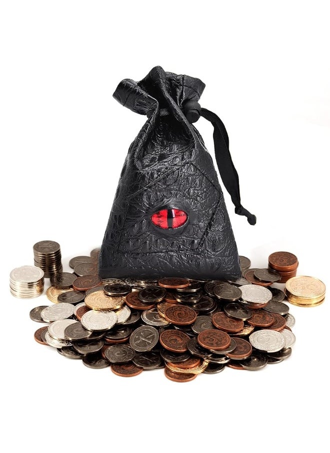 DND Metal Coins Set of 60 with Leather Pouch - Gaming Tokens, Pirate Treasure, Accessories & Props for Board Games, Dungeons and Dragons, Tabletop RPGs and LARP