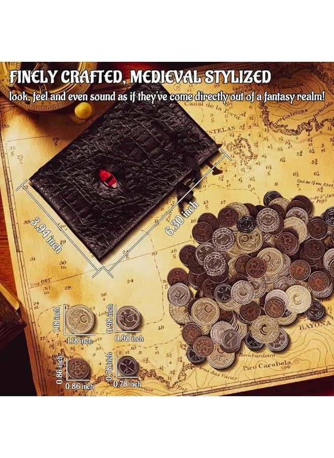 DND Metal Coins Set of 60 with Leather Pouch - Gaming Tokens, Pirate Treasure, Accessories & Props for Board Games, Dungeons and Dragons, Tabletop RPGs and LARP