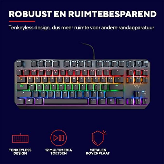 Trust GXT 834 CALLAZ TKL MECHANICAL KEYBOARD, US/NL QWERTY LAYOUT, OUTEMU SWITCH, MULTICOLOURED LED LIGHTING, 12 MEDIA KEYS, USB GAMING KEYBOARD 80 PERCENT FOR PC, LAPTOP, MAC - Image 3