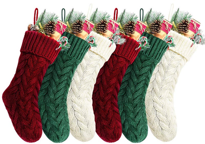 Kunyida 18 Inches Burgundy Ivory Green Knitted Christmas Stockings6 Pack