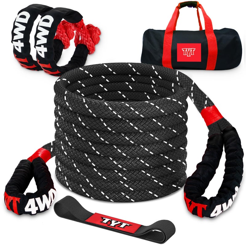 TYT Kinetic Recovery Rope1in x 30ft Black 48000lbs Snatch Strap Heavy Duty Stretch Nylon Towing Ropes with 2pcs Soft Shackles for Offroad VehicleJeepSUVATVUTVTractor Elastic Ropes Kit