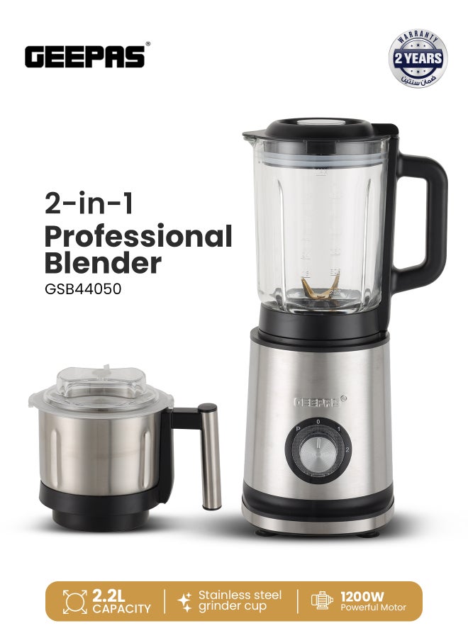 2-in-1 Professional Blender 1200W | Powerful Motor and Sharp Titanium Blades| 2.2 Liter Transparent Jar and Stainless Steel Grinder Attachment | 2 Speed Settings with LED Light Indicator| 2 Years Warranty 2.2 L 1200 W GSB44050 Silver/ Black