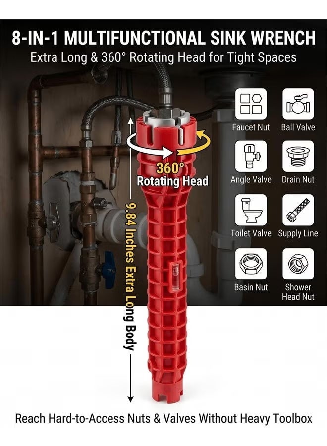 Faucet Wrench, 8-in-1 Multifunctional Sink Wrench, Faucet and Pipe Installation Tool, Faucet and Sink Installer,Basin Wrench,Multifunctional Wrench Tools For Toilet Bowl/Sink/Bathroom/Kitchen (Red) - Image 4
