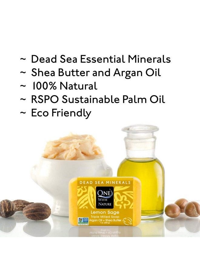 ONE WITH NATURE - Dead Sea Salt Lemon Sage 4 Oz Soap 3 Pk Dead Sea Salt Includes Sulfur Magnesium And 21 Essential Minerals. Shea Butter Argan Oil. All Skin Types Problem Skin. Natural Therapeutic 100% Natural - Image 1