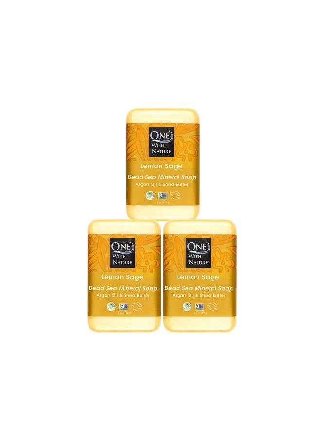 ONE WITH NATURE - Dead Sea Salt Lemon Sage 4 Oz Soap 3 Pk Dead Sea Salt Includes Sulfur Magnesium And 21 Essential Minerals. Shea Butter Argan Oil. All Skin Types Problem Skin. Natural Therapeutic 100% Natural - Image 1
