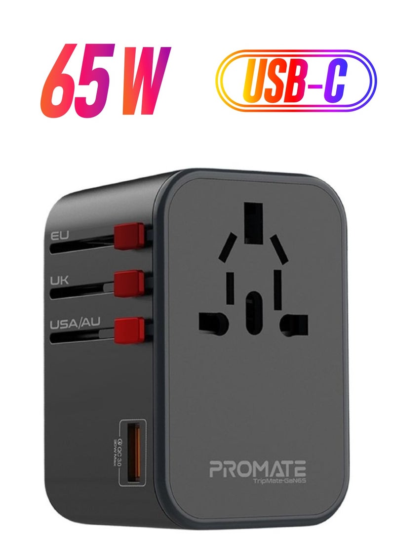 PROMATE GaN Travel Adapter with AC Outlet, Dual 65W USB-C PD and 30W QC 3.0 Ports, TripMate-GaN65 Black - Image 1