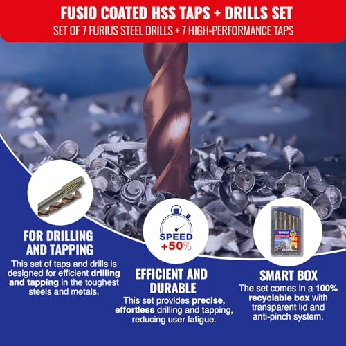 TIVOLY - Set of taps + HSS Fusio Coated Drills - Set of 7 taps M3/M4/M5/M6/M8/M10/M12 + 7 Drills Ø3/32-1/8"-11/64"-3/16"-1/4"-21/64"-13/32" - Image 2
