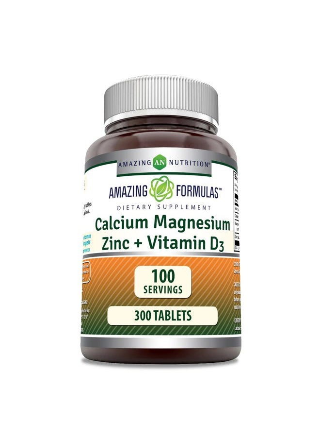 Amazing Nutrition - Amazing Formulas Calcium Magnesium Zinc D3 - 300 Tablets Per Bottle Supplement (Calcium 1000mg - Magnesium 400mg - Zinc 25mg Plus Vitamin D3 600 IU - Per Serving of 3 Tablets) - Image 1