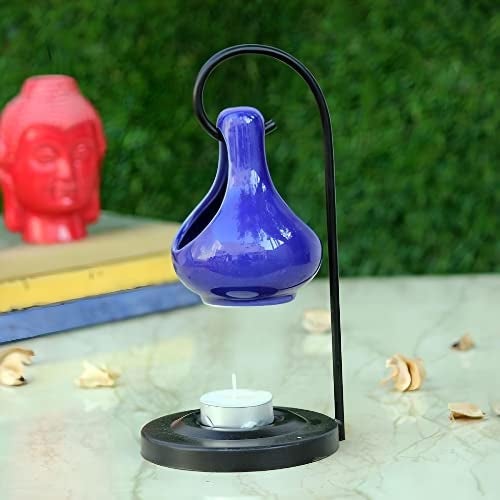 Breezy Aroma Metal Blue Hanging Ceramic Tealight Candle Holder Oil Burner Aroma Lamp Aroma Diffuser 8 H x 4 W Inch - Image 1