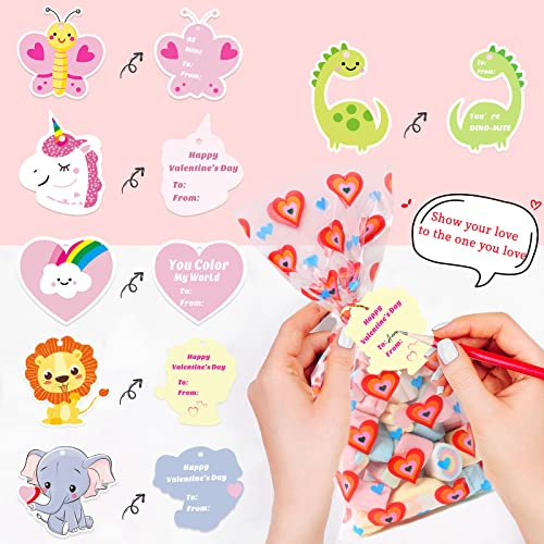JQAQJU 100PCS Valentines Treat Bags with Valentine Cards for Valentines Day Cellophane Gift Bags for Goodie Candy Class Party Favors with 30 Gift Tags & 100 PCS Twist Ties - Image 2