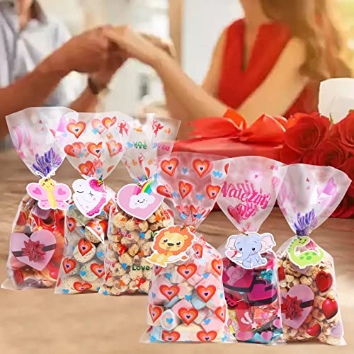 JQAQJU 100PCS Valentines Treat Bags with Valentine Cards for Valentines Day Cellophane Gift Bags for Goodie Candy Class Party Favors with 30 Gift Tags & 100 PCS Twist Ties - Image 5