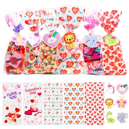 JQAQJU 100PCS Valentines Treat Bags with Valentine Cards for Valentines Day Cellophane Gift Bags for Goodie Candy Class Party Favors with 30 Gift Tags & 100 PCS Twist Ties - Image 1