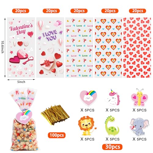 JQAQJU 100PCS Valentines Treat Bags with Valentine Cards for Valentines Day Cellophane Gift Bags for Goodie Candy Class Party Favors with 30 Gift Tags & 100 PCS Twist Ties - Image 4