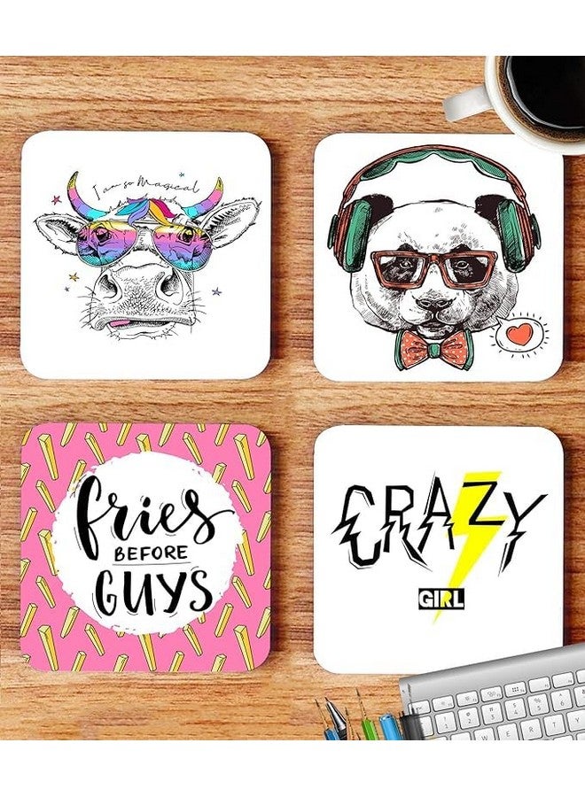 OUTFITQUE Funny Quotes Inspired Printed Coasters with Beautiful Metal Stand/Holder (MDF Wooden, Set of 4, 3.5x3.5 Inch, Square) for [ Tea/Coffee/Mug/ ] Quotes, Funny (Multi 4) - Image 2