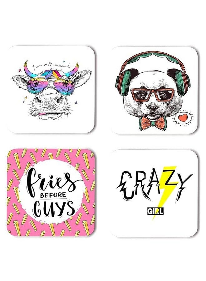 OUTFITQUE Funny Quotes Inspired Printed Coasters with Beautiful Metal Stand/Holder (MDF Wooden, Set of 4, 3.5x3.5 Inch, Square) for [ Tea/Coffee/Mug/ ] Quotes, Funny (Multi 4) - Image 1
