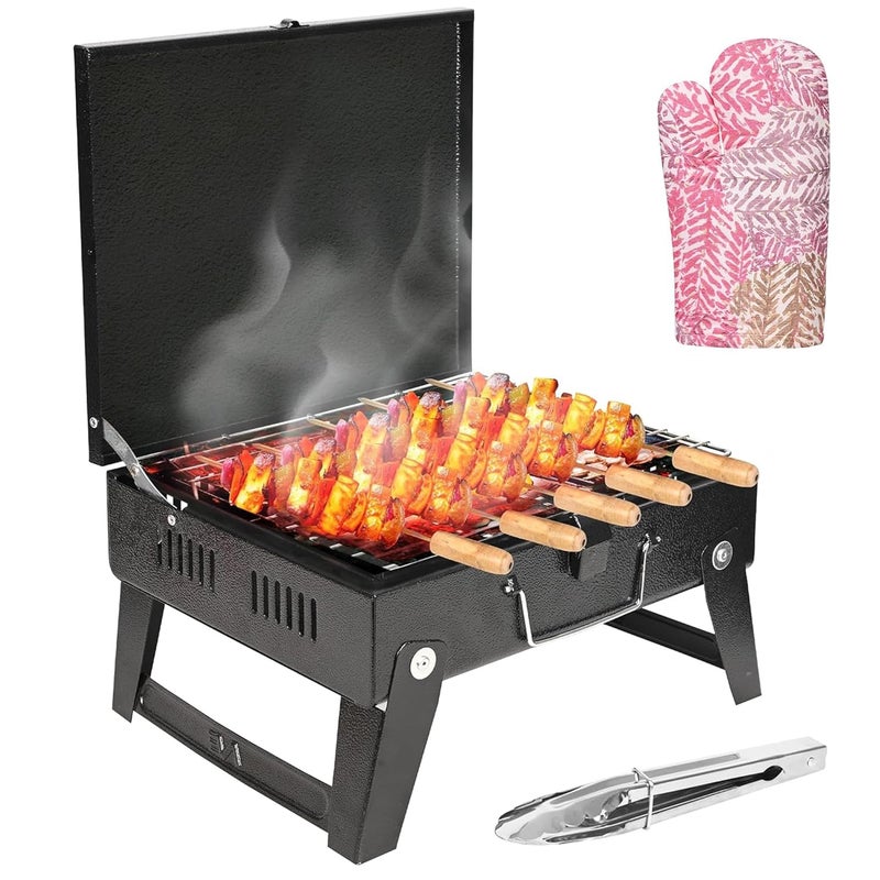 ORILEY شواية فحم محمولة ثقيلة | 4 مجموعة | 5 أسياخ | 1 قفاز | 1 ملقط | أدوات شواء قابلة للطي للمنزل والتخييم والنزهات والسفر والطهي (عبوة من 1، أسود) - Image 1