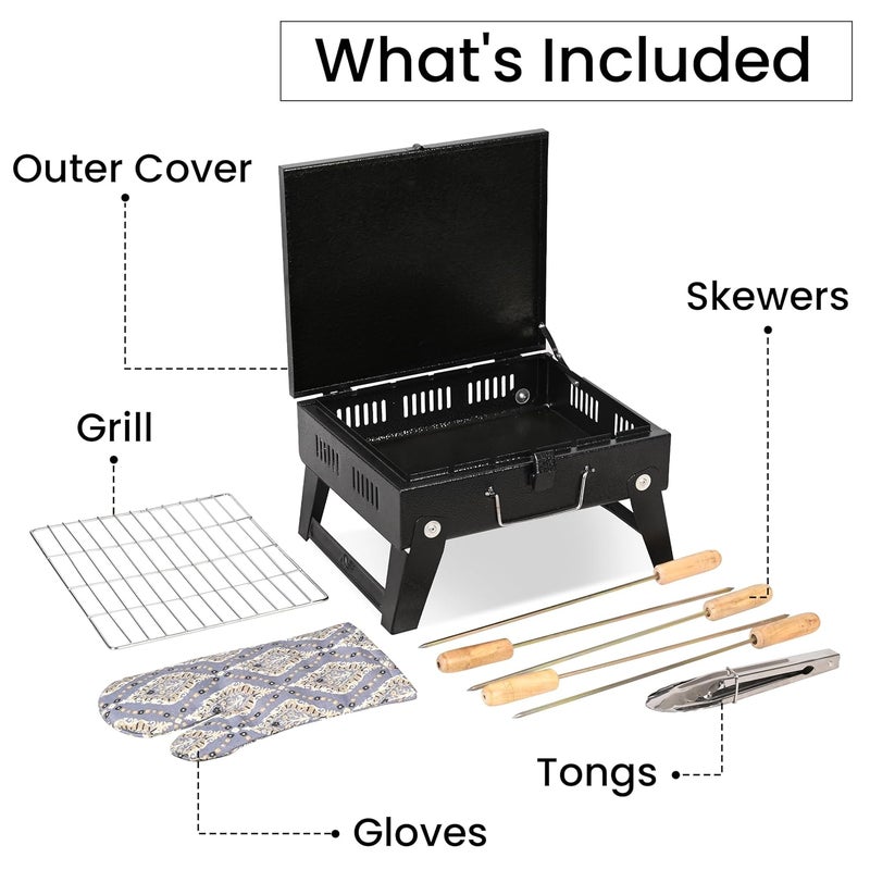 ORILEY شواية فحم محمولة ثقيلة | 4 مجموعة | 5 أسياخ | 1 قفاز | 1 ملقط | أدوات شواء قابلة للطي للمنزل والتخييم والنزهات والسفر والطهي (عبوة من 1، أسود) - Image 3
