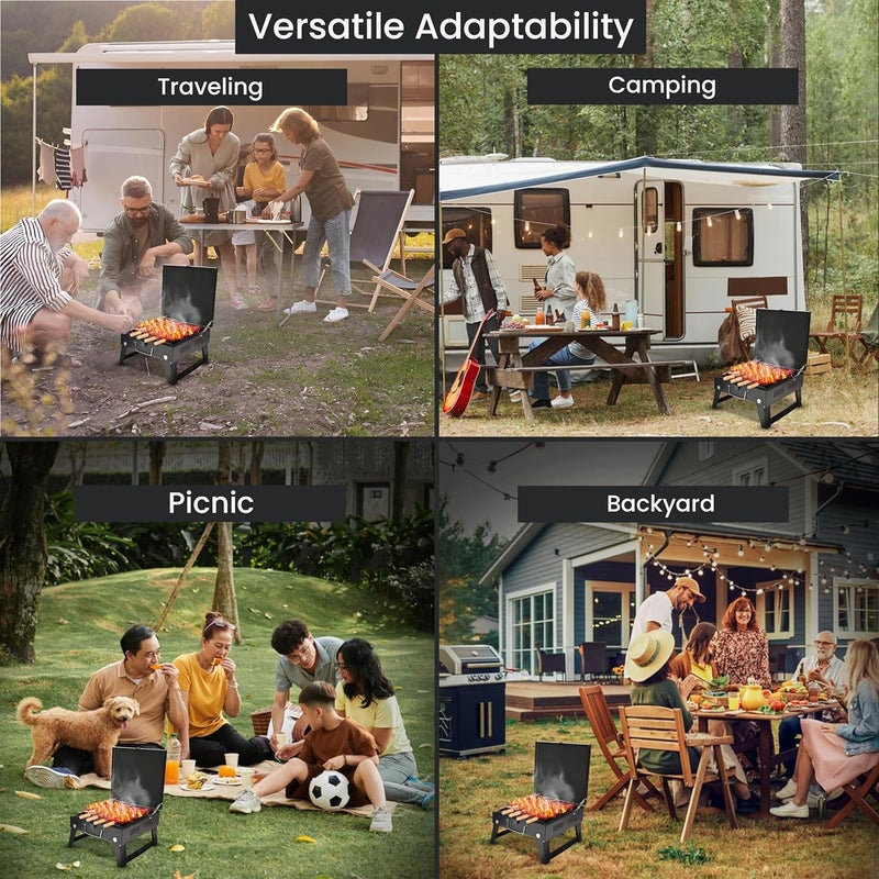 ORILEY شواية فحم محمولة ثقيلة | 4 مجموعة | 5 أسياخ | 1 قفاز | 1 ملقط | أدوات شواء قابلة للطي للمنزل والتخييم والنزهات والسفر والطهي (عبوة من 1، أسود) - Image 4