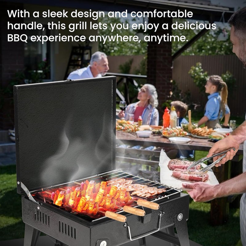 ORILEY شواية فحم محمولة ثقيلة | 4 مجموعة | 5 أسياخ | 1 قفاز | 1 ملقط | أدوات شواء قابلة للطي للمنزل والتخييم والنزهات والسفر والطهي (عبوة من 1، أسود) - Image 5