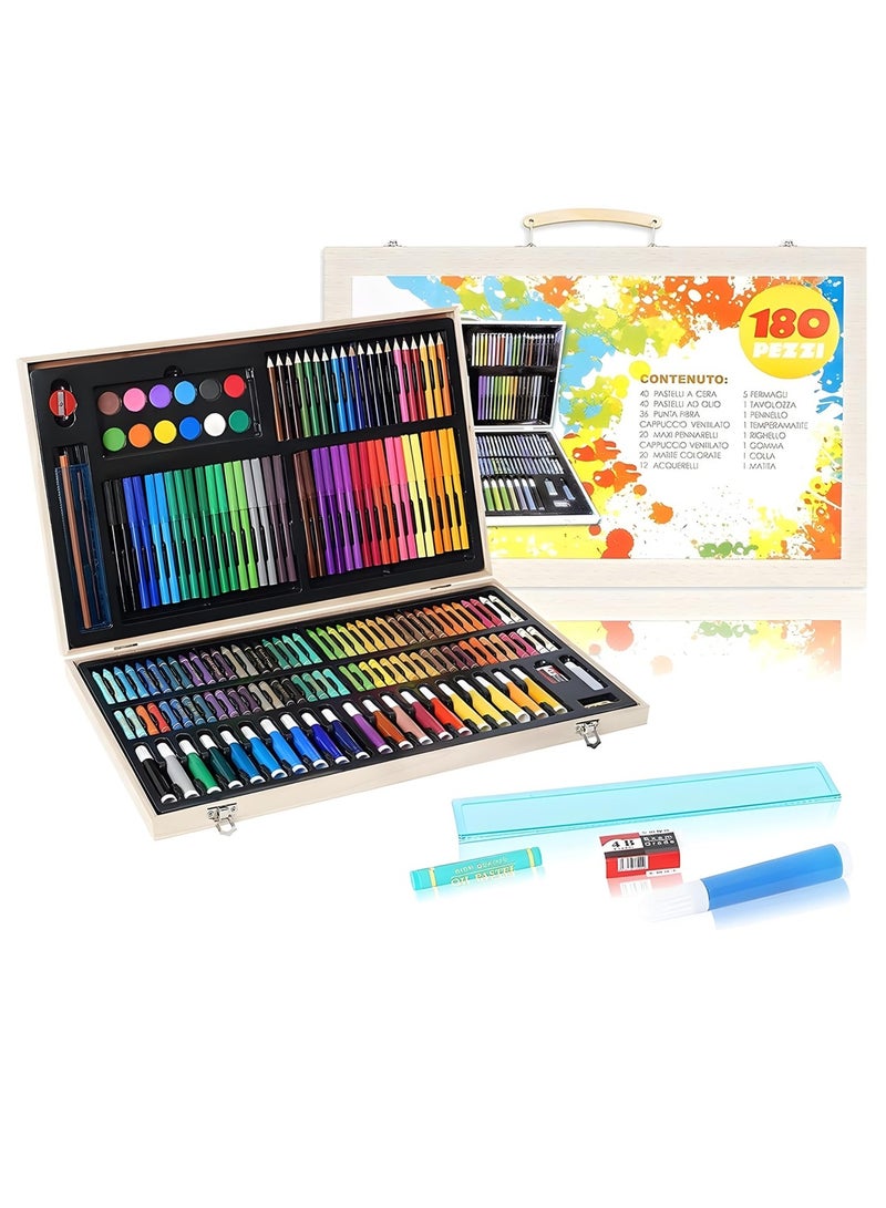دبليو تيك مجموعة قرطاسية أطفال فنية مكونة من 180 قطعة مع أقلام مائية وشمع وأقلام ملونة خشبية - خشب القيقب - Image 1