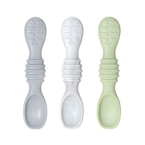 Bumkins Baby Utensil Set Silicone Trainer Spoons for Dipping Soft Tip SelfFeeding Chew Baby Led Weaning First Year Training Supplies Essentials in Learning Eating 4 Mos 3pk Gray and Green - Image 1
