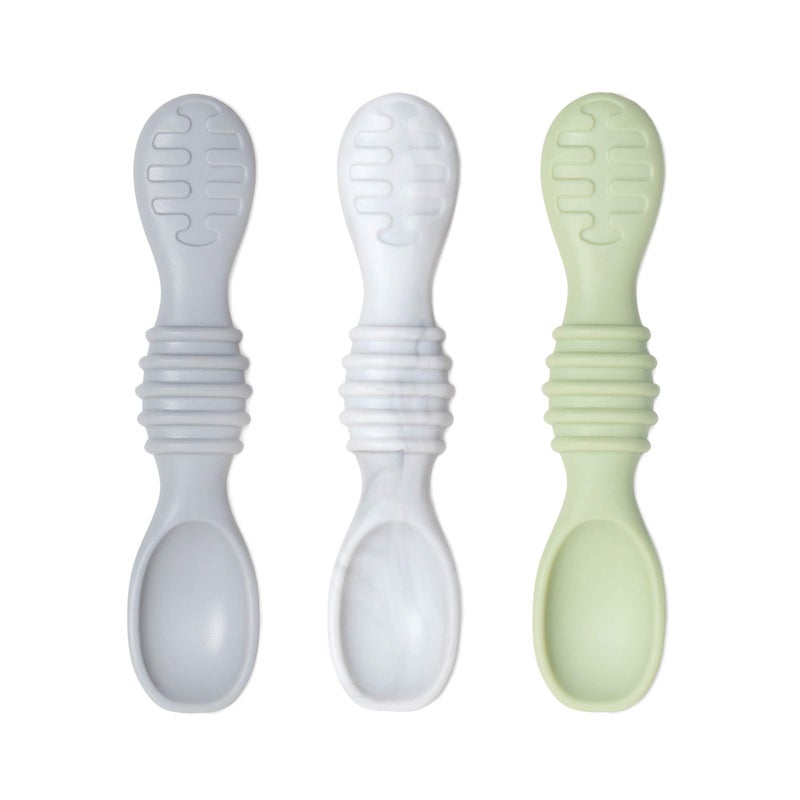 Bumkins Baby Utensil Set Silicone Trainer Spoons for Dipping Soft Tip SelfFeeding Chew Baby Led Weaning First Year Training Supplies Essentials in Learning Eating 4 Mos 3pk Gray and Green - Image 3
