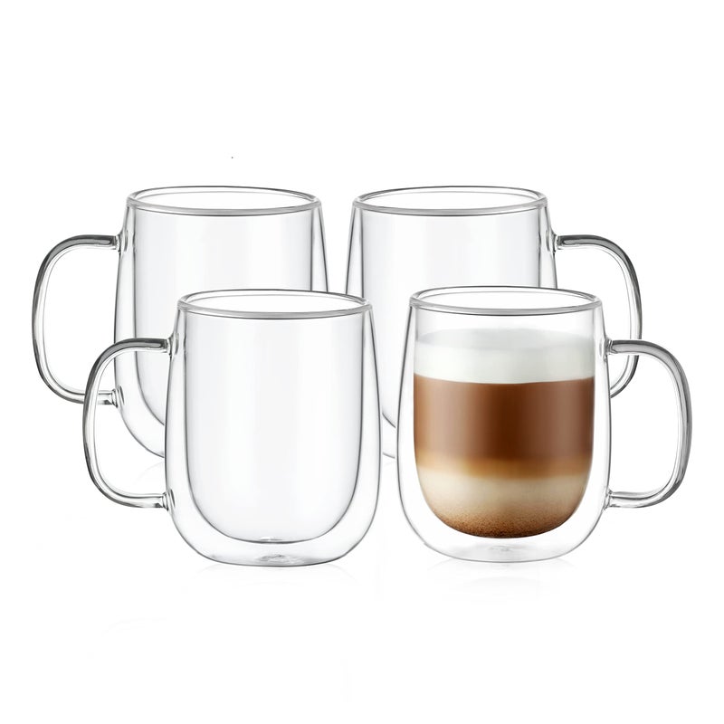 CNGLASS Large Double Wall Glass Coffee Mug 152ozClear Insulated Glass Espresso Cup with Big HandleClear Glass Espresso Mugs for LatteCappuccinoTea BagHot and Cold Beveragesset of 4