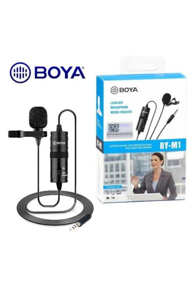 BOYA Boya BY-M1 Lavalier Microphone - Micro-Craft Design Description: The Boya BY-M1 is a handheld lavalier microphone with a micro-craft design, ideal for high-quality audio recordings during presentations and videos. It features a 3.5mm connector, an on/off switch, and a long cord for comfort during use. Compatible with a wide range of devices such as smartphones and cameras, it comes in a case containing the microphone and a QR code for more information. - Image 1