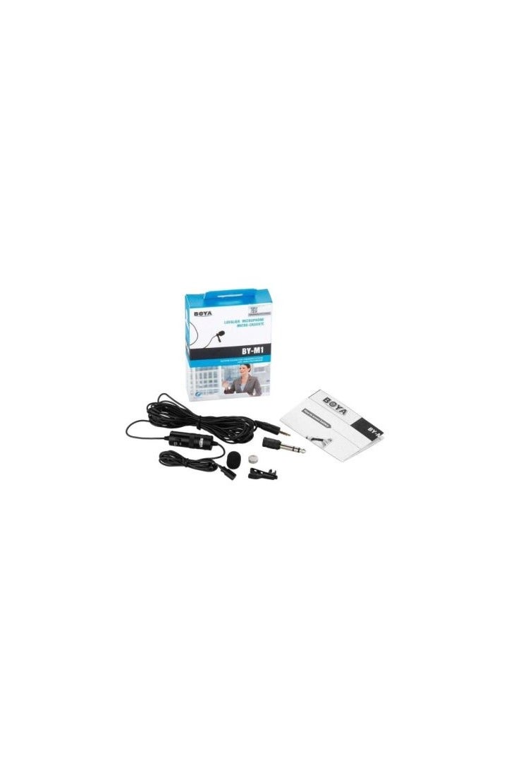 BOYA Boya BY-M1 Lavalier Microphone - Micro-Craft Design Description: The Boya BY-M1 is a handheld lavalier microphone with a micro-craft design, ideal for high-quality audio recordings during presentations and videos. It features a 3.5mm connector, an on/off switch, and a long cord for comfort during use. Compatible with a wide range of devices such as smartphones and cameras, it comes in a case containing the microphone and a QR code for more information. - Image 2