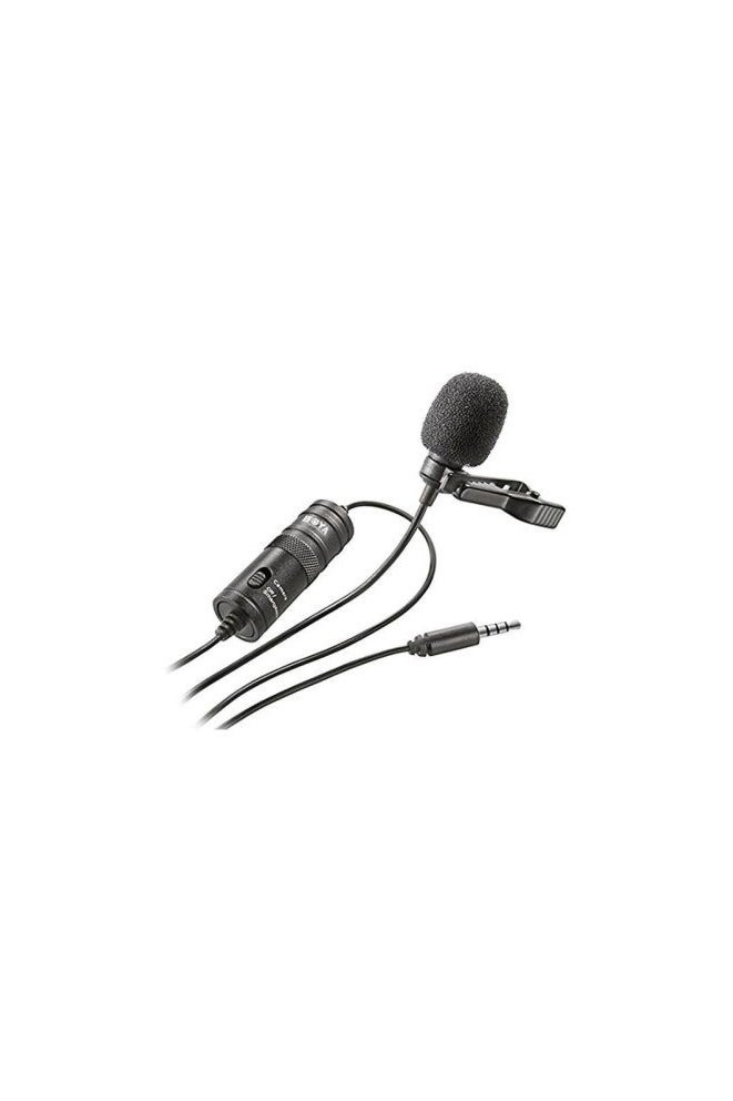 BOYA Boya BY-M1 Lavalier Microphone - Micro-Craft Design Description: The Boya BY-M1 is a handheld lavalier microphone with a micro-craft design, ideal for high-quality audio recordings during presentations and videos. It features a 3.5mm connector, an on/off switch, and a long cord for comfort during use. Compatible with a wide range of devices such as smartphones and cameras, it comes in a case containing the microphone and a QR code for more information. - Image 4