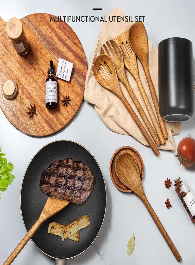 Lanzo Design Kitchen Utensil Set, 8 pcs Wooden Cooking Utensils Spatula Set with Ceramic Holder (Black Holder) - Image 3