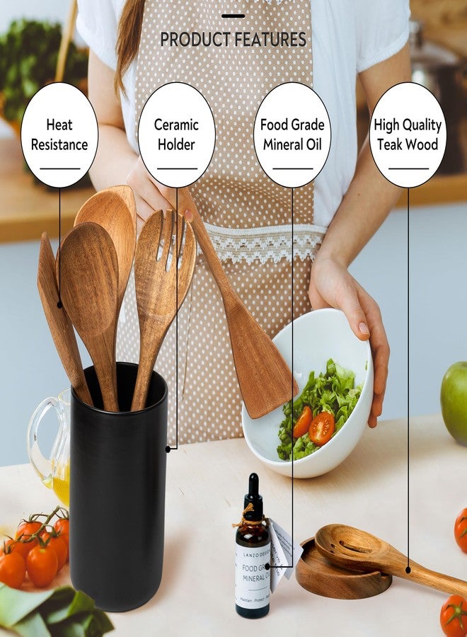 Lanzo Design Kitchen Utensil Set, 8 pcs Wooden Cooking Utensils Spatula Set with Ceramic Holder (Black Holder) - Image 4