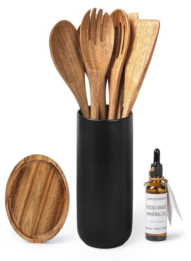 Lanzo Design Kitchen Utensil Set, 8 pcs Wooden Cooking Utensils Spatula Set with Ceramic Holder (Black Holder) - Image 2