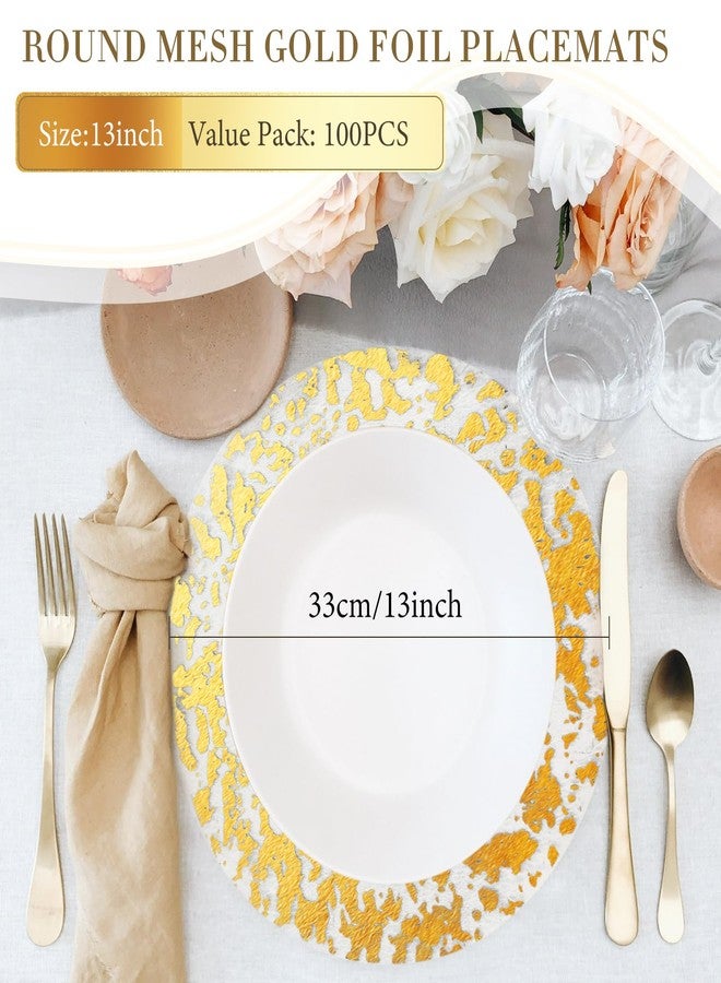 KesaPlan 100 PCS Disposable Gold Placemats Set, 13" Metallic Round Doilies for Tables, Gold Foil Mesh Pressed String Table Mats, Thin Mesh Decorative Doilies for Wedding, Holiday, Party, Christmas - Image 2