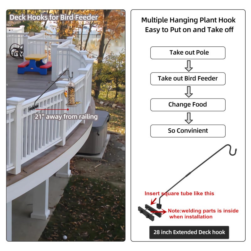 Monalife Deck Hook Railing Mount - Heavy Duty Metal Shepherds Hook Bracket for Outdoor Plant Hanger, Bird Feeder Hanger, Plant Hooks, Flower Baskets, Lanterns - 360Â° Rotating Pole, Extended Arm - Image 3