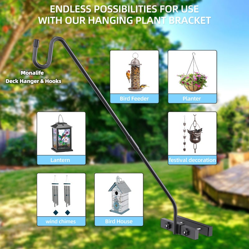 Monalife Deck Hook Railing Mount - Heavy Duty Metal Shepherds Hook Bracket for Outdoor Plant Hanger, Bird Feeder Hanger, Plant Hooks, Flower Baskets, Lanterns - 360Â° Rotating Pole, Extended Arm - Image 5