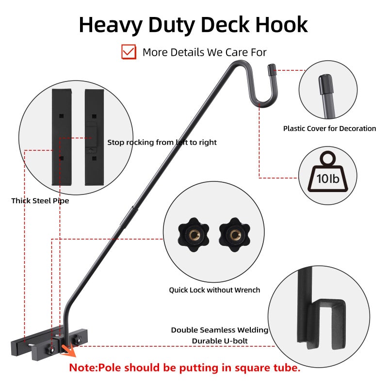 Monalife Deck Hook Railing Mount - Heavy Duty Metal Shepherds Hook Bracket for Outdoor Plant Hanger, Bird Feeder Hanger, Plant Hooks, Flower Baskets, Lanterns - 360Â° Rotating Pole, Extended Arm - Image 4