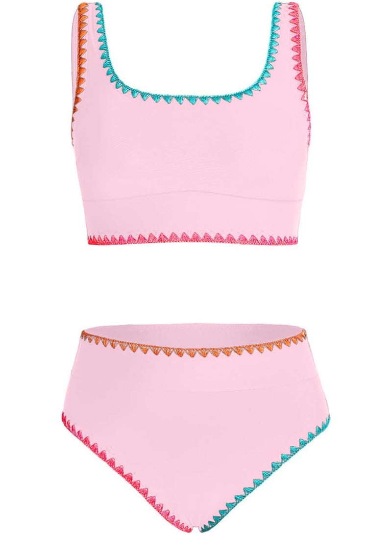 blibean Tween Girl Swimsuits Little Kids Girls Summer Swim Bathing Suits Teen Fashion Two Piece Bikini Boho Hawaii Swimwear Beach Sets Traje BaÃ±o NiÃ±as Size 6-7 Year Old Pink - Image 1