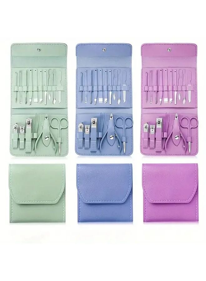 Premium Purple 16pcs Nail Pedicure Set Clippers Scissors Ear Scoop Travel Essentials - Image 3