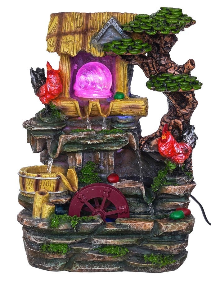 POLYRESIN HEN DESIGN TABLETOP INDOOR 3 STEPS WATER FOUNTAIN FOR HOME DECOR WITH LED SPEED CONTROLLER PUMP CRYSTAL BALL SIZE 24 X 19 X 34 CM COLOUR MULTI WEIGHT 1800 GRAM