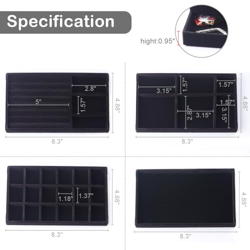 CDBOVID Set of 8 Velvet Jewelry Drawer Organizer Inserts, Stackable Trays with Removable Dividers, Earring and Ring Holder Display for Dresser, Storage Case for Necklace Bracelet Watch - Black - Image 4
