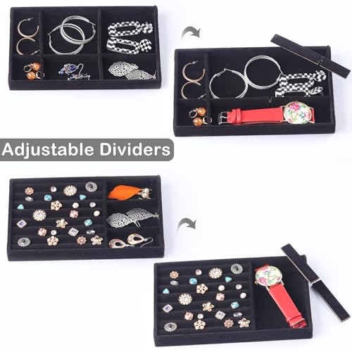 CDBOVID Set of 8 Velvet Jewelry Drawer Organizer Inserts, Stackable Trays with Removable Dividers, Earring and Ring Holder Display for Dresser, Storage Case for Necklace Bracelet Watch - Black - Image 3